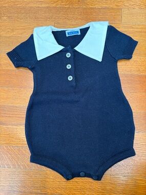 Classic Navy Knit Baby Romper with White Collar